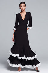 Ruffled Mermaid Black and White V-Neck Formal Dress
