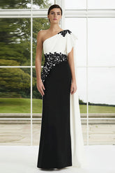 One Shoulder Sheath Black and White Formal Dress With Appliques