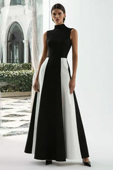Elegant A-Line Black and White High Neck Long Formal Dress