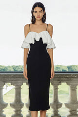 Black and White Sheath Spaghetti Straps Ruffled Midi Dress