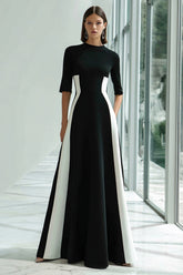 Black and White A-Line Long Formal Dress with Half Sleeves