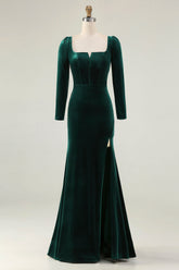 Dark Green Velvet Mermaid Long Sleeve Formal Dress With Slit
