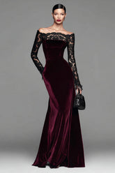 Burgundy Velvet Off The Shoulder Mermaid Formal Dress with Long Sleeves