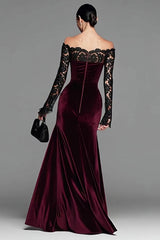 Burgundy Velvet Off The Shoulder Mermaid Formal Dress with Long Sleeves