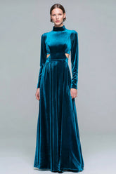 Peacock Blue A-Line Cut Out Maxi Holiday Dress With Long Sleeves