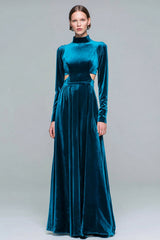 Peacock Blue A-Line Cut Out Maxi Holiday Dress With Long Sleeves