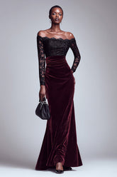Black and Burgundy Velvet Off The Shoulder Lace Mermaid Formal Dress