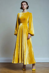 Yellow Velvet A-Line Holiday Dress with Long Sleeves