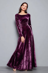Purple Velvet A-Line Maxi Holiday Dress with Long Sleeves