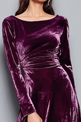 Purple Velvet A-Line Maxi Holiday Dress with Long Sleeves