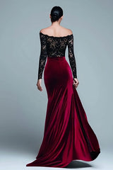 Black and Burgundy Off The Shoulder Mermaid Velvet Formal Dress With Slit