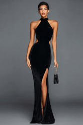 Mermaid Halter Cut Out Velvet Black Tie Dress With Slit
