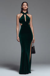 Dark Green Halter Mermaid Cut Out Velvet Formal Dress With Slit