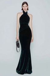 Mermaid Dark Green Velvet Halter Formal Dress