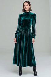 Peacock Green A-Line Velvet Holiday Party Dress With Long Sleeves
