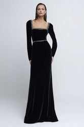 Velvet Long Sleeve Black Tie Dress with Beading