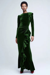 Green Velvet Long Sleeve Sheath Holiday Dress with Ruffles