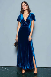 Dark Blue A-Line Velvet Holiday Party Dress With Slit