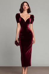 Burgundy Velvet Sheath V-Neck Formal Dress
