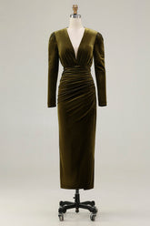 Olive Velvet Ruched Sheath Formal Dress with Long Sleeves