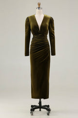 Olive Velvet Ruched Sheath Formal Dress with Long Sleeves