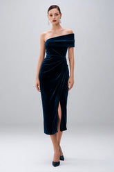 One Shoulder Navy Velvet Semi-Formal Dress With Slit