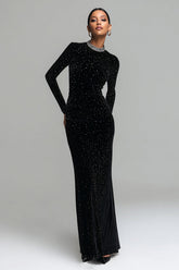 Black Velvet Sheath Beaded Formal Dress With Long Sleeves