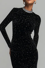 Black Velvet Sheath Beaded Formal Dress With Long Sleeves