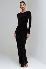 Velvet Beaded Sheath Long Sleeve Coffee Formal Dress