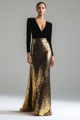 Sparkly Gold and Black Velvet Long Sleeve V-Neck Formal Dress