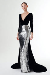 Sequin Mermaid Velvet Black and Silver Formal Dress with Long Sleeves