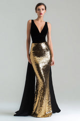 Sparkly Gold and Black Mermaid V-Neck Gala Dress with Sash