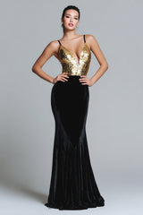 Mermaid Velvet Gold and Black Long Formal Dress With Sequins