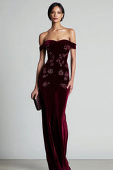 Burgundy Off The Shoulder Velvet Formal Dress with Beading