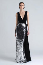 Sparkly Mermaid Black and Silver Velvet Formal Dress With Sash