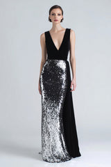 Sparkly Mermaid Black and Silver Velvet Formal Dress With Sash