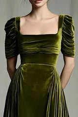 Velvet A-Line Olive Ruched Maxi Holiday Dress