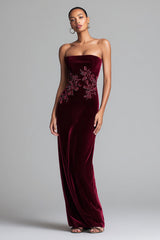 Burgundy Strapless Velvet Sheath Long Formal Dress