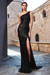 One Shoulder Black Sequined Sheath Maxi Evening Dress With Slit