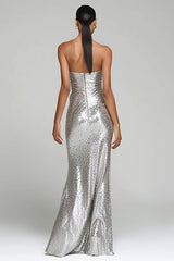 Sparkly Silver Strapless Sheath Maxi Evening Dress With Slit