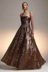Brown Strapless Sequined A-Line Maxi Gala Dress