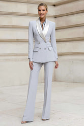 Light Grey Shawl Lapel 2 Piece Double Breasted Slim Fit Women Suits