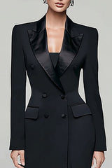 Black Peak Lapel Double Breasted Blazer Dress With Slit