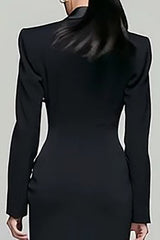 Black Peak Lapel Double Breasted Blazer Dress With Slit