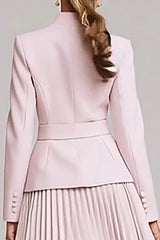 Light Pink Pleated A-Line Single Breasted 2 Piece Work Dress With Belt