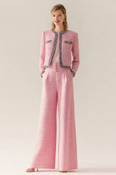 Pink Tweed 2 Piece Round Neck Women Suits With Pockets