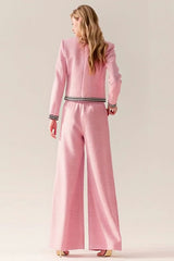 Pink Tweed 2 Piece Round Neck Women Suits With Pockets