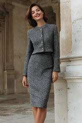 Grey Mix Tweed Pencil Single Breasted 2 Piece Midi Work Dress