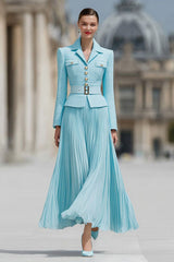 Light Blue Pleated A-Line Notched Lapel 2 Piece Work Dress With Belt