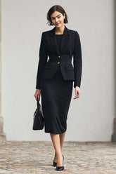 Black Notched Lapel 2 Piece Single Breasted Pencil Work Dress